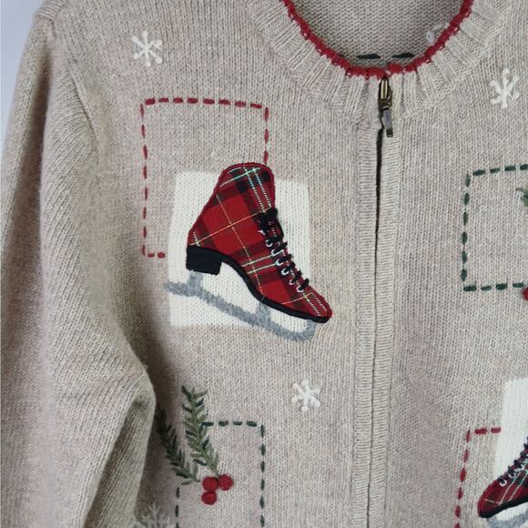 Croft & Barrow VTG SZ M Wool Angora Holiday Full-Zip Sweater Tartan Ice Skates - Picture 3 of 7